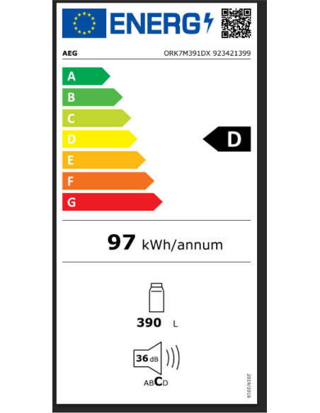 AEG ORK7M391DX  FRIGORIFERO MONOPORTA D VENTILATO 186 CM INOX 390 LT