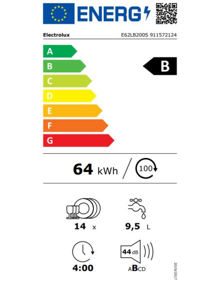 ELECTROLUX E62LB200S LAVASTOVIGLIE 14 COPERTI B SERIE 600 SMART SELECT INVERTER 44 DB